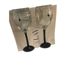LAV Venue Halloween Wine Glasses Spider Web Design Black Stem Set Of 2 (789)